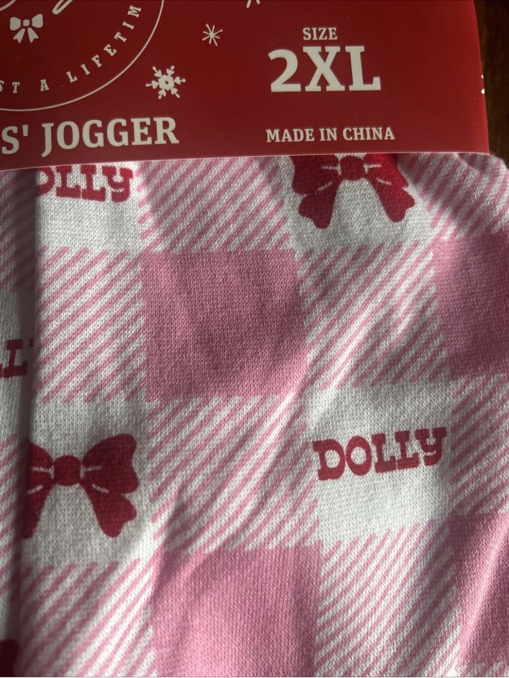Dolly  Pink and White Plaid Jogger Pajama Bottoms with Bow Print